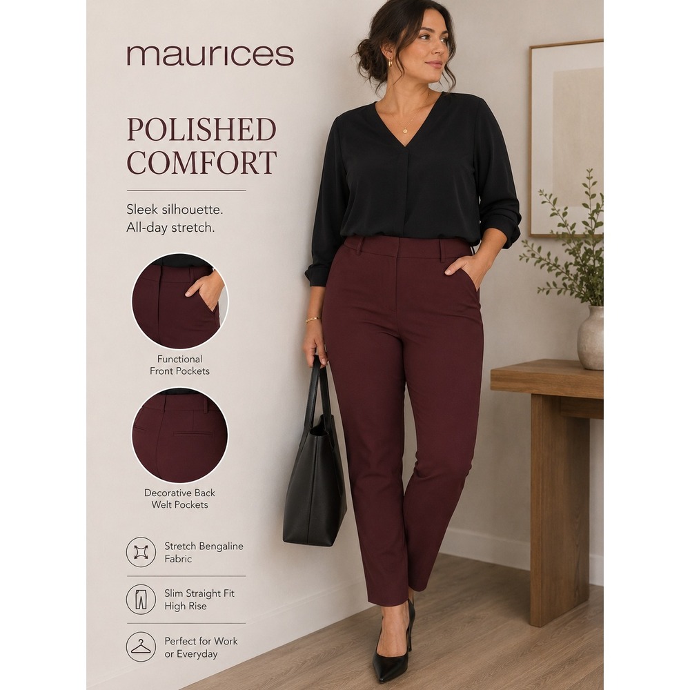 Maurices Slim Straight Bengaline High Rise Pants Burgundy 24W Regular NWT